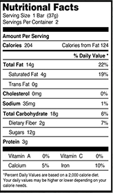 Cashew Butter Chocolate Bar Nutritional Panel