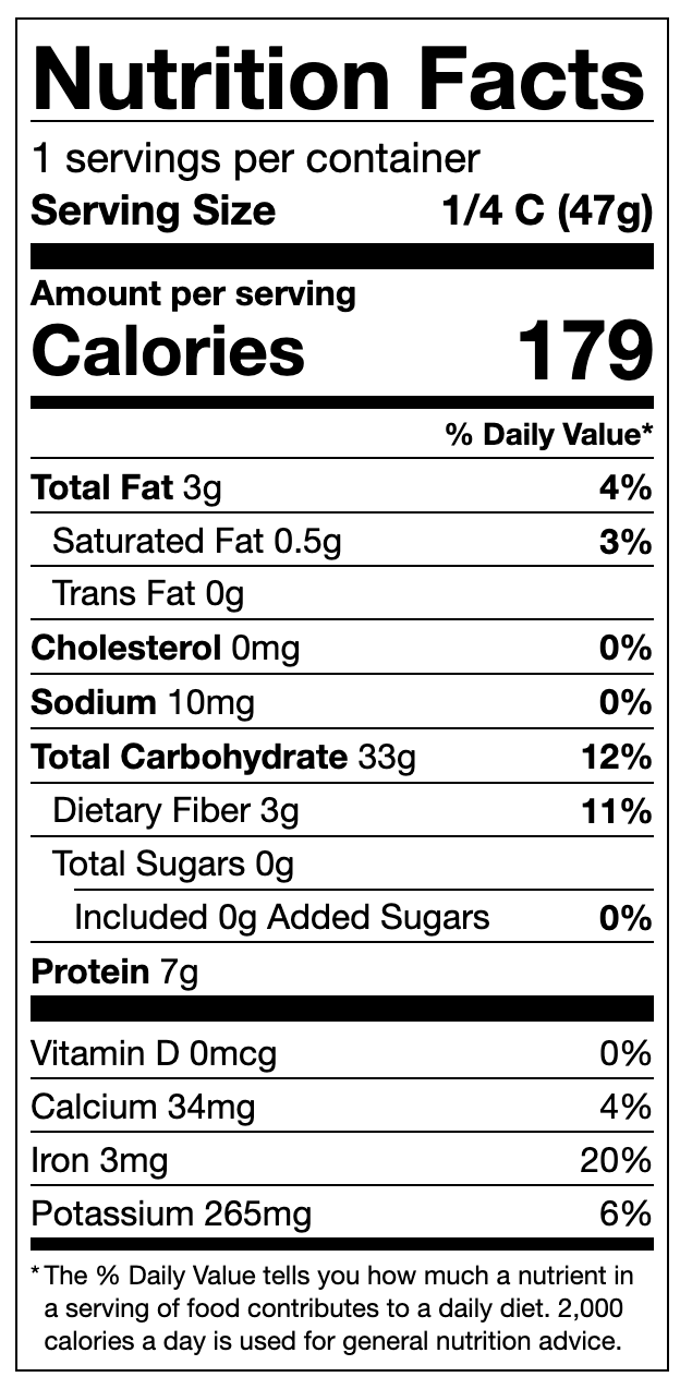 Tri Color Quinoa Nutritional Panel