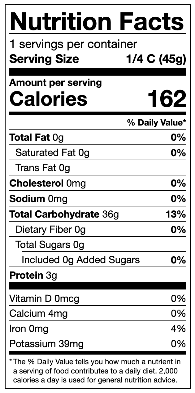 White Rice Nutritional Panel