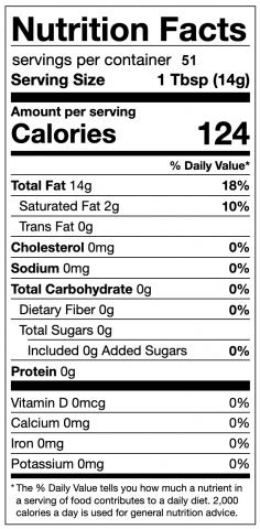 California Family Arbequina Olive Oil Nutritional Panel