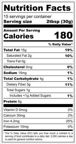 Hemp Heart Butter Nutritional Label