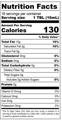Macadamia Oil Nutritional Label
