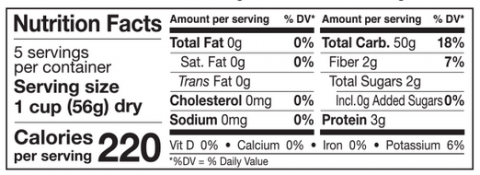 Quinoa Puffs Nutritional Panel