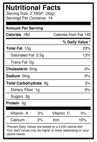 Cashew Butter 16oz Nutritional Panel