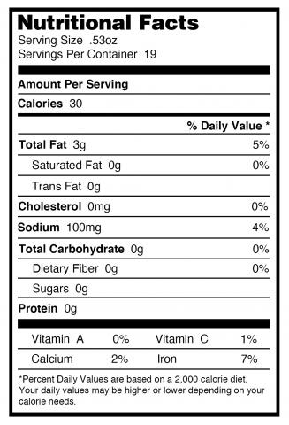 California Sun Dried Olives Nutritional Panel